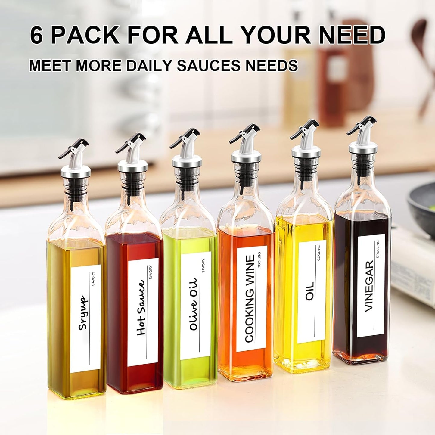 GMISUN Olive Oil Dispenser Bottle, Oil Dispenser Bottle for Kitchen, Cooking Vinegar Dispenser Set 6Pack, Glass Container Cruet-Pourer Spout, Funnel and Labels