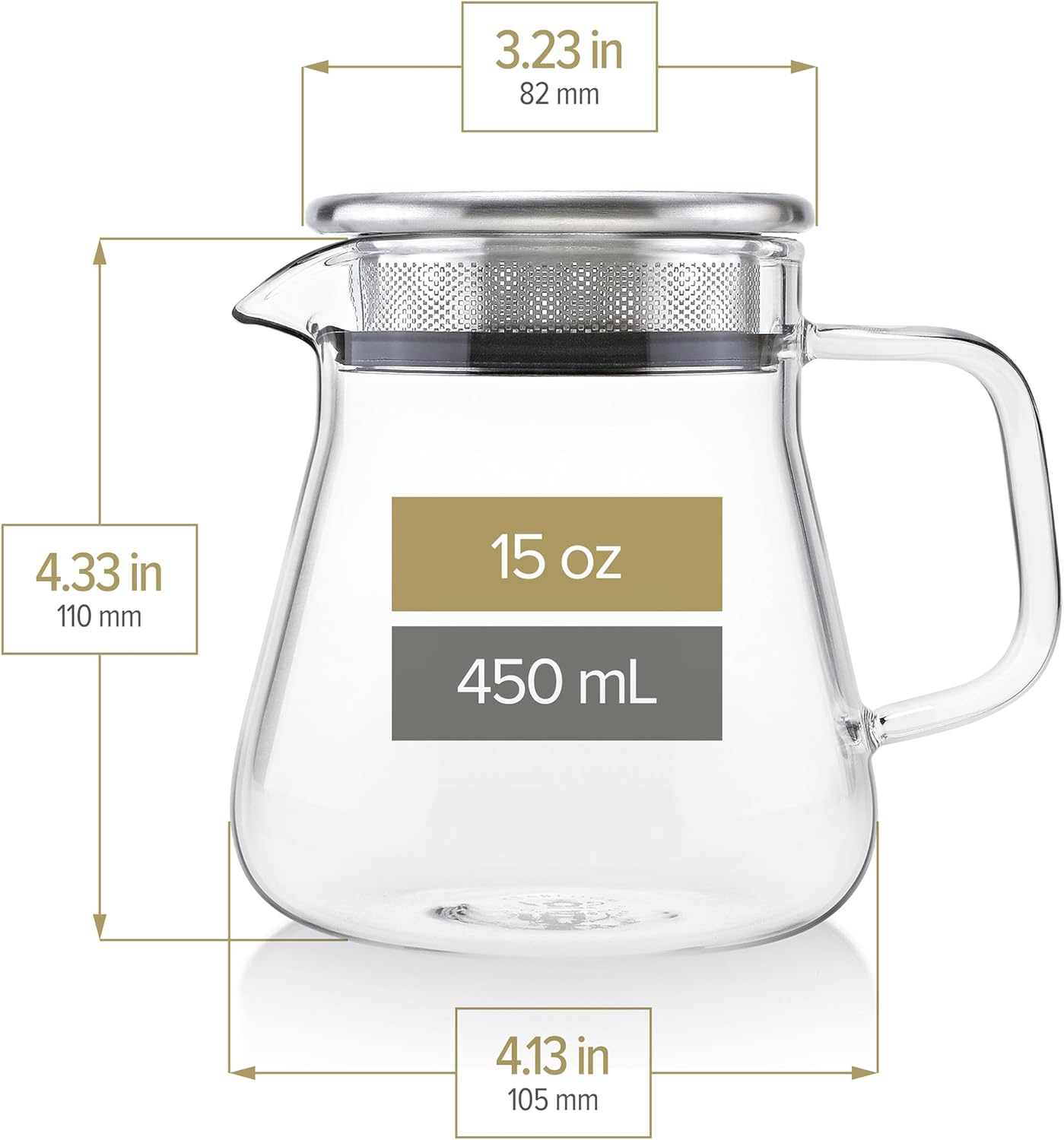 Teabloom One-Touch Tea Maker, 2-in-1 Teapot and Kettle with Stainless Steel Filter Lid for Loose Tea – Stain-free Borosilicate Glass Tea Pot (15 Oz) – Tea Connoisseur's Choice