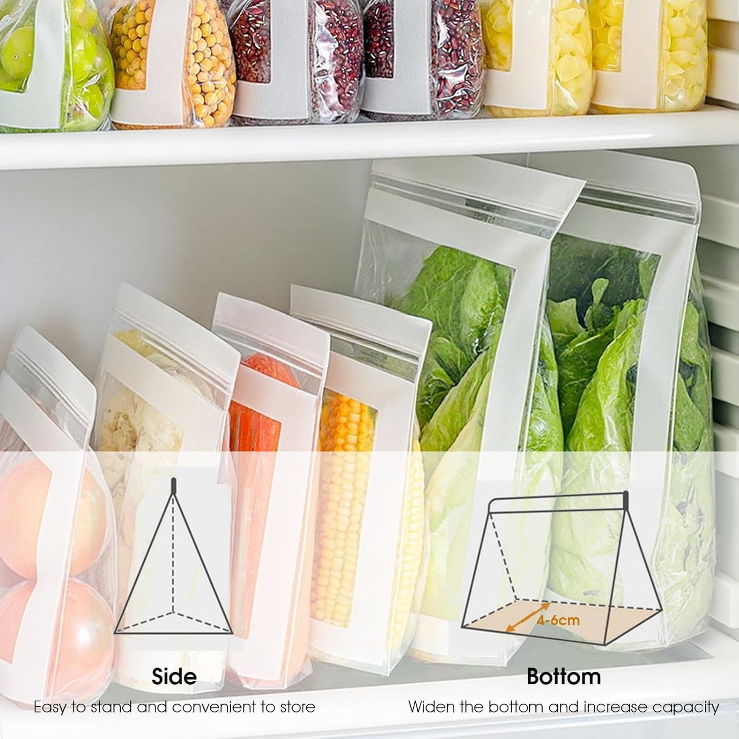 Reusable Freezer Bags 15PCS, Gallon Food Storage Bags with Stand & Label Leakproof Reusable Sandwich Bag for Kitchen, Vegetables, Snacks(Long style)
