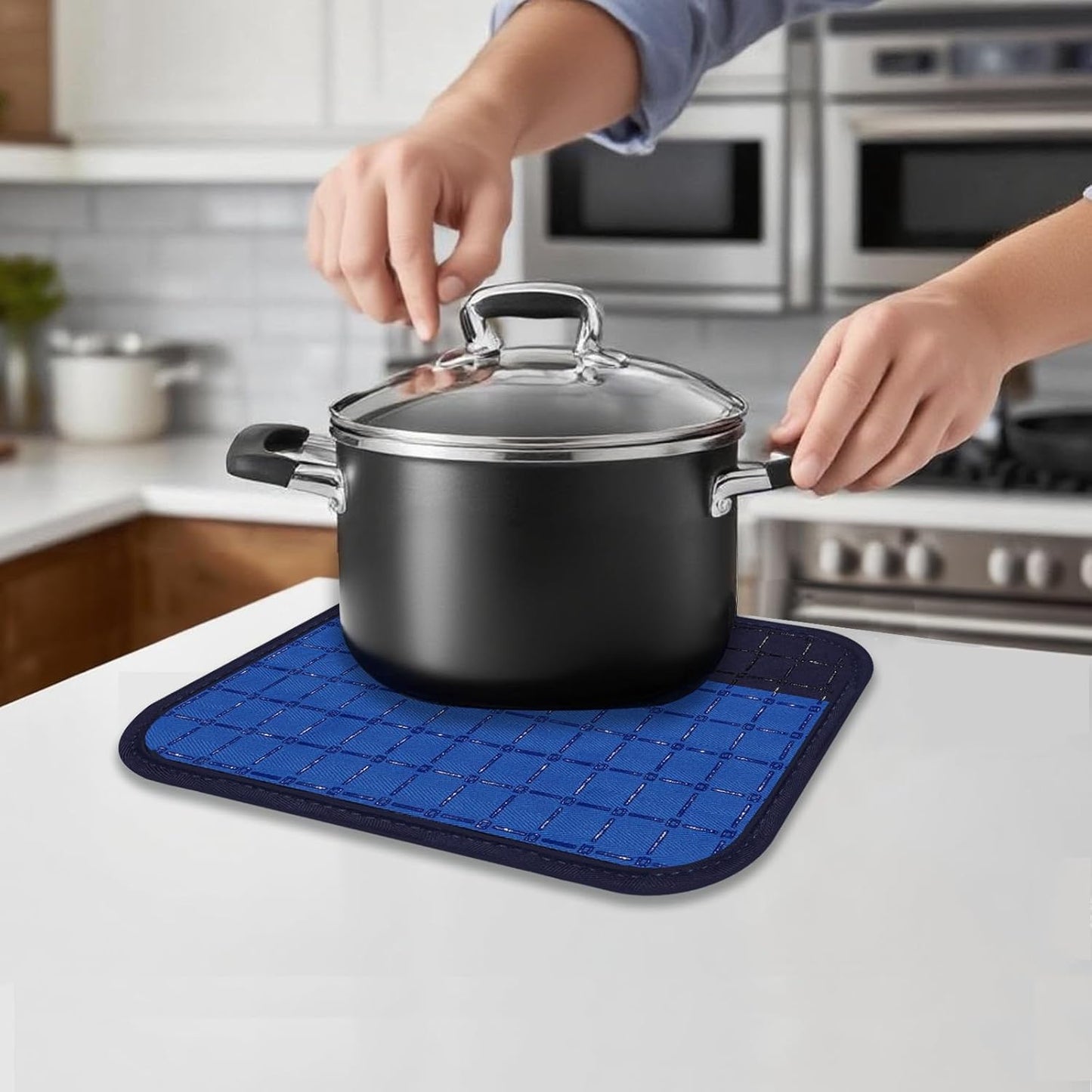 Oven Mitts and Pot Holders Sets 6pcs, Kitchen Oven Glove,High Heat Resistant 550 Degree Extra Long Oven Mitts and Potholders with Non-Slip Silicone Surface for Home Essentials (Grey) (Navy Blue)