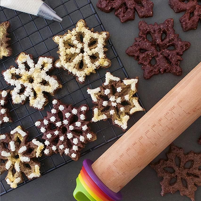 Rolling Pin with Thickness Rings for Baking,Fondant, Pizza, Pie Crust, Cookie, Pastry, Roller Rod for Dough Thickness, 13.6" Adjustable Wood Rolling Pin with 4 Thickness Rings and Wooden Stand