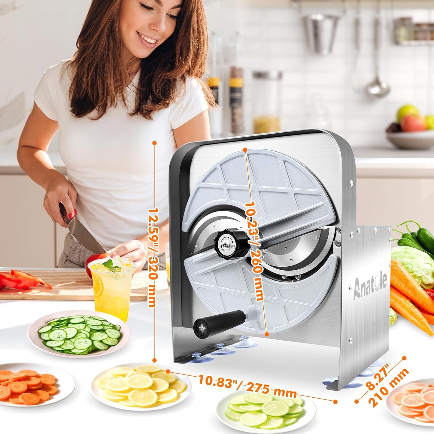 Anatole Commercial Vegetable Slicer Stainless Steel 0-0.4'' Thickness Adjustable Manual Veggie Fruit Cutter for Tomato Onion Potato Cabbage Lime Orange