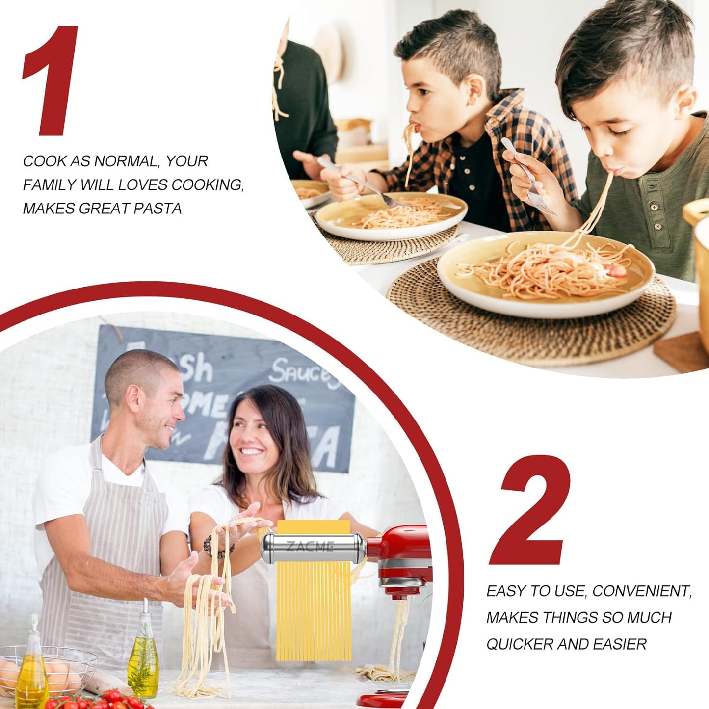 Pasta Maker Attachment for Kitchenaid Stand Mixer Included Pasta Sheet Roller, Spaghetti Cutter and Fettuccine Cutter, Pasta Maker Stainless Steel Accessories with 8-Speed Adjustable, 3 Piece