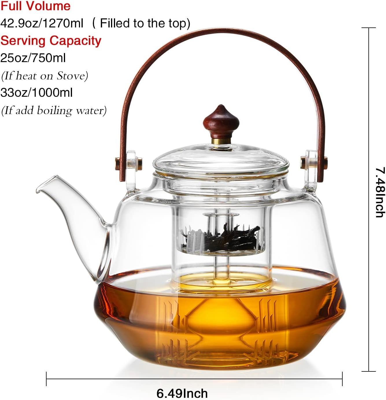 40oz Glass Teapot with Anti-Drip Spout, Peach Wood Handle and Lid, Heat-Resistant Borosilicate Glass, Dual Infusers for Steaming and Boiling