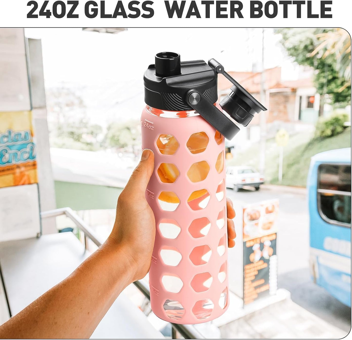 MUKOKO Glass Water Bottles, 24oz Glass Tumbler with Straw, Drinking Bottles with 2 Lids-Handle Spout Lid&Bamboo Straw Lid, Motivational Water Bottle with Time Marker and Silicone Sleeve, 1 Pack-Pink