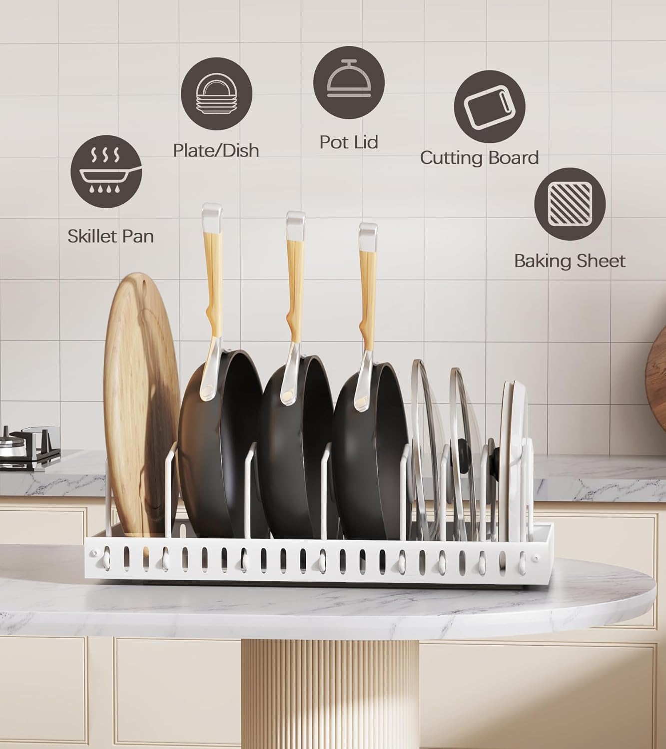 Pull Out Pots and Pans Organizer Under Cabinet, Sliding Lid Holder and Pan Rack in Kitchen, Slide Out inside Cabinet Storage for Pot Lid, Bakeware, Dishes, 8 Adjustable Dividers, 1 Pack White