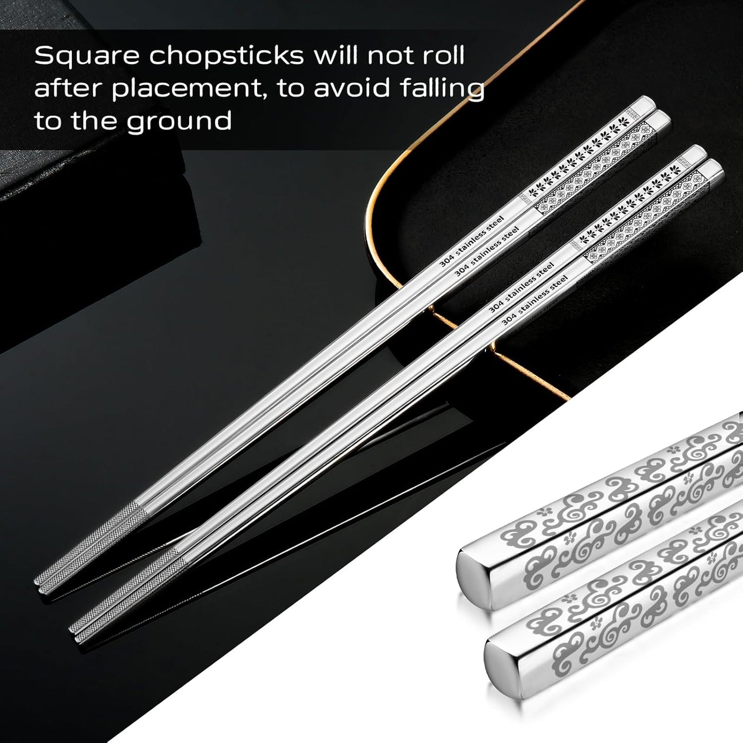 8 Pairs Metal Chopsticks Reusable 18/8 Stainless Steel Chopsticks Set Cute Laser Engraved Non-slip Japanese Korean Chinese Chopstick for Cooking Eating Dishwasher Safe 9.25" Chop Sticks Gift Set