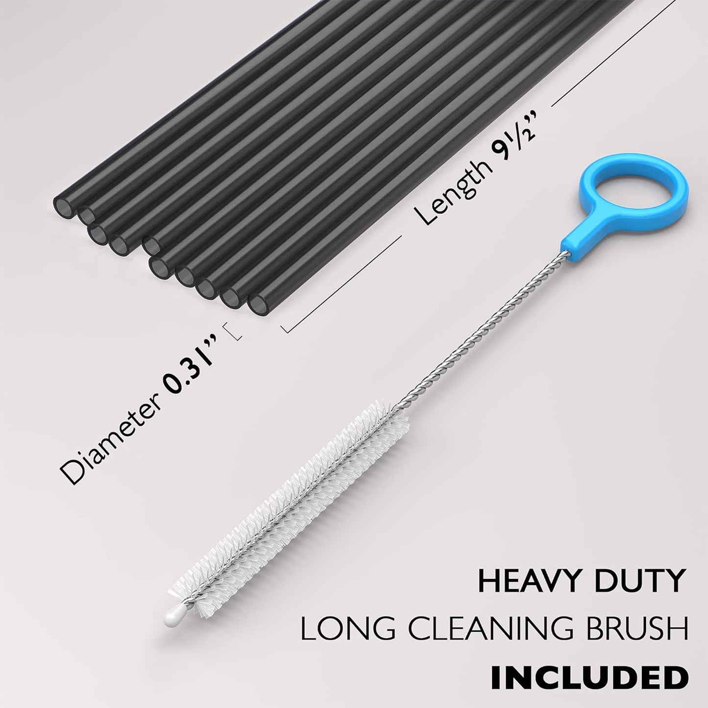 10 Long Reusable Hard Black Plastic Drinking Straws, Medium Width + Sturdy Cleaning Brush - for Tumblers, Mason Jars, Smoothies and Milkshakes - Dishwasher Safe BPA Free