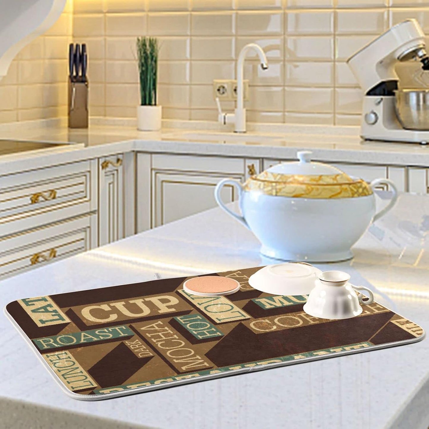 senya Super Absorbent Dish Drying Mat, Microfiber Fast-Drying 24'' x 18'', Kitchen Pad, Coffee Themed Seamless Retro