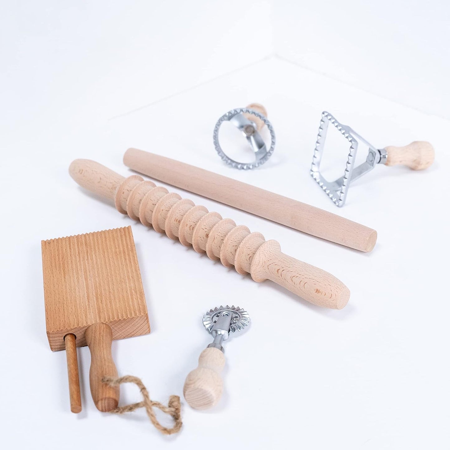 Ultimate 9 Pcs Pasta Making Tool Set Pasta Drying Rack, Pasta Tongs, Two Ravioli Stamp Maker Cutter And Roller Wheel Set, Two Pasta Rolling Pins, Gnocchi Board and Scraper By Cotswold Homeware Co