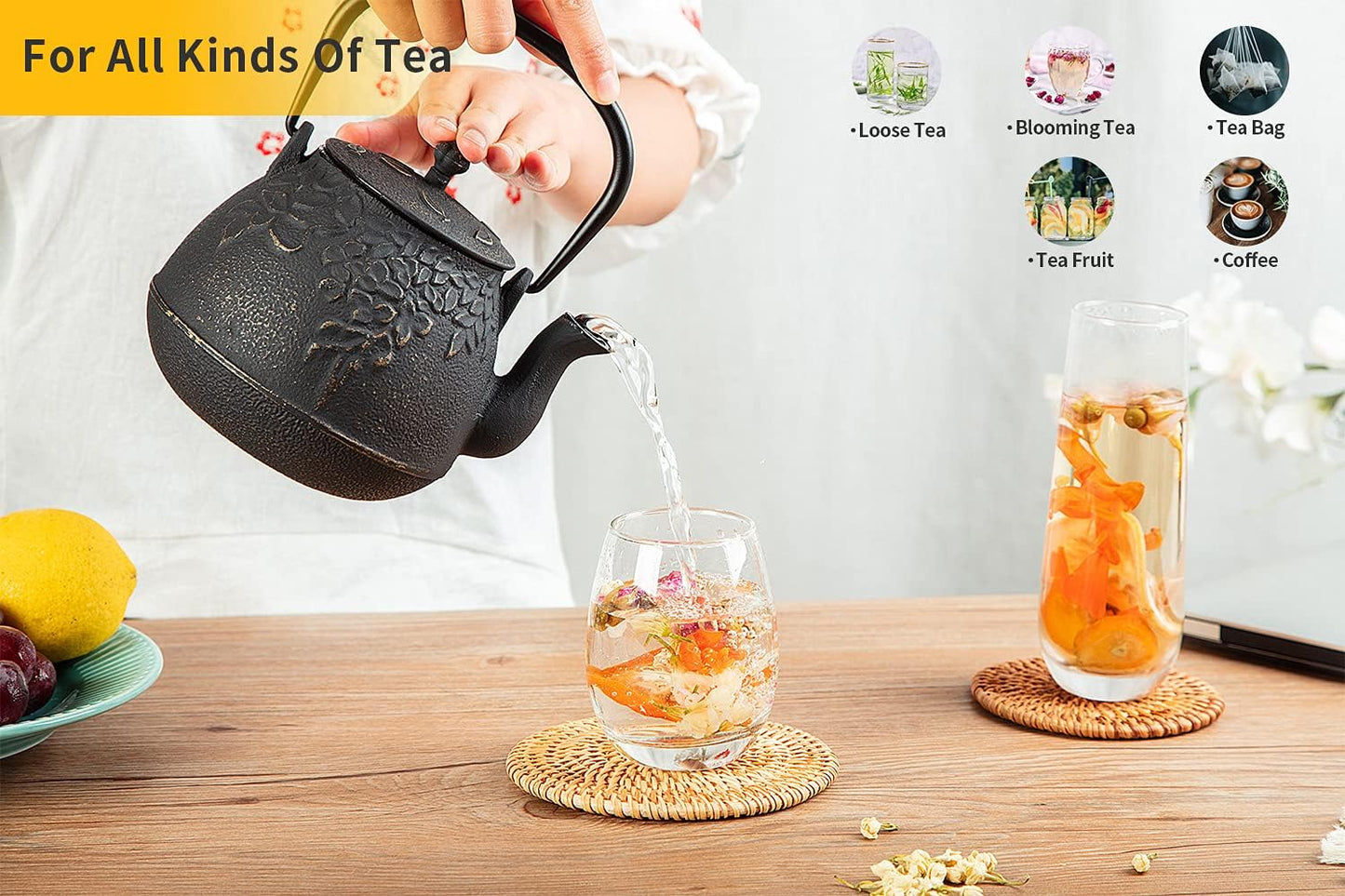 Tea Kettle, TOPTIER Japanese Cast Iron Teapot with Stainless Steel Infuser, Cast Iron Tea Kettle Stovetop Safe, Leaf Design Teapot Coated with Enameled Interior for 40 Ounce (1200 ml), Purple