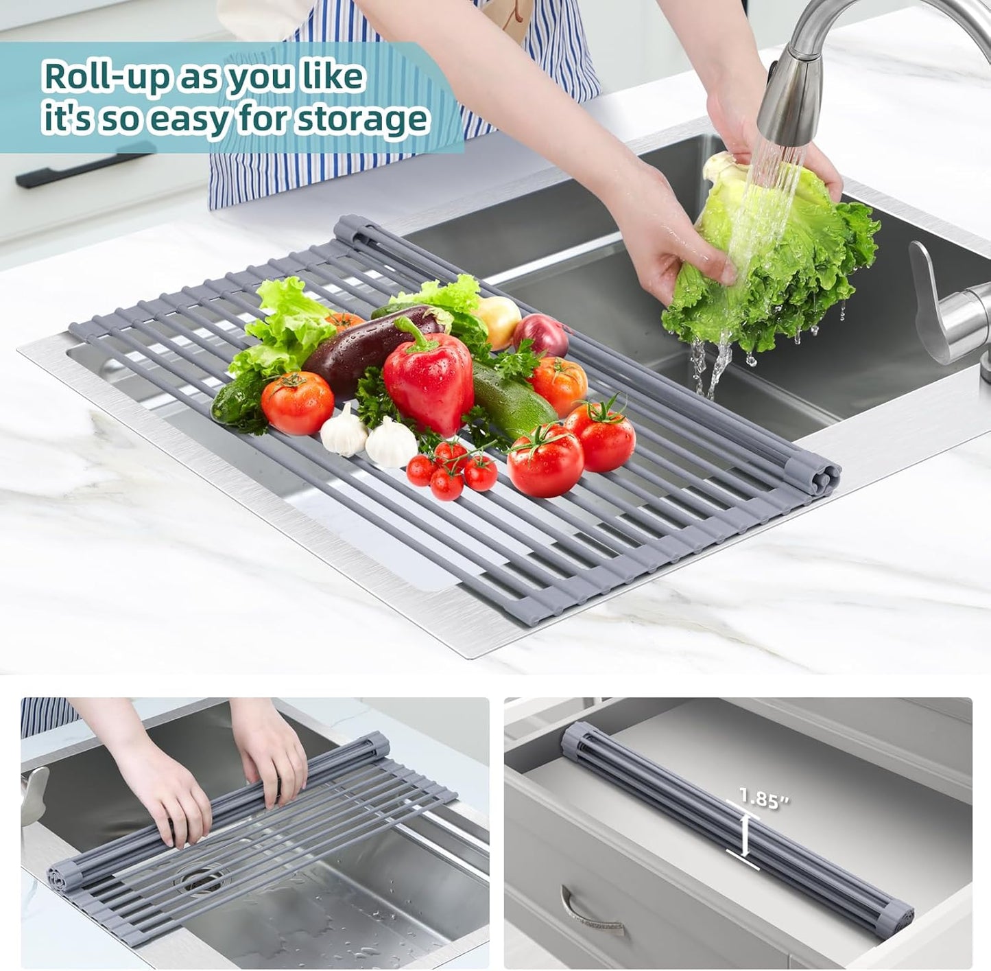 Ohuhu Dish Drying Rack Over The Sink, Roll Up Sink Rack 20.5" W x 13.1" L Rolling Dish Drainer Foldable Accessories Heat-Resistant Mat Anti-Slip Silicone Coated for Kitchen Counter