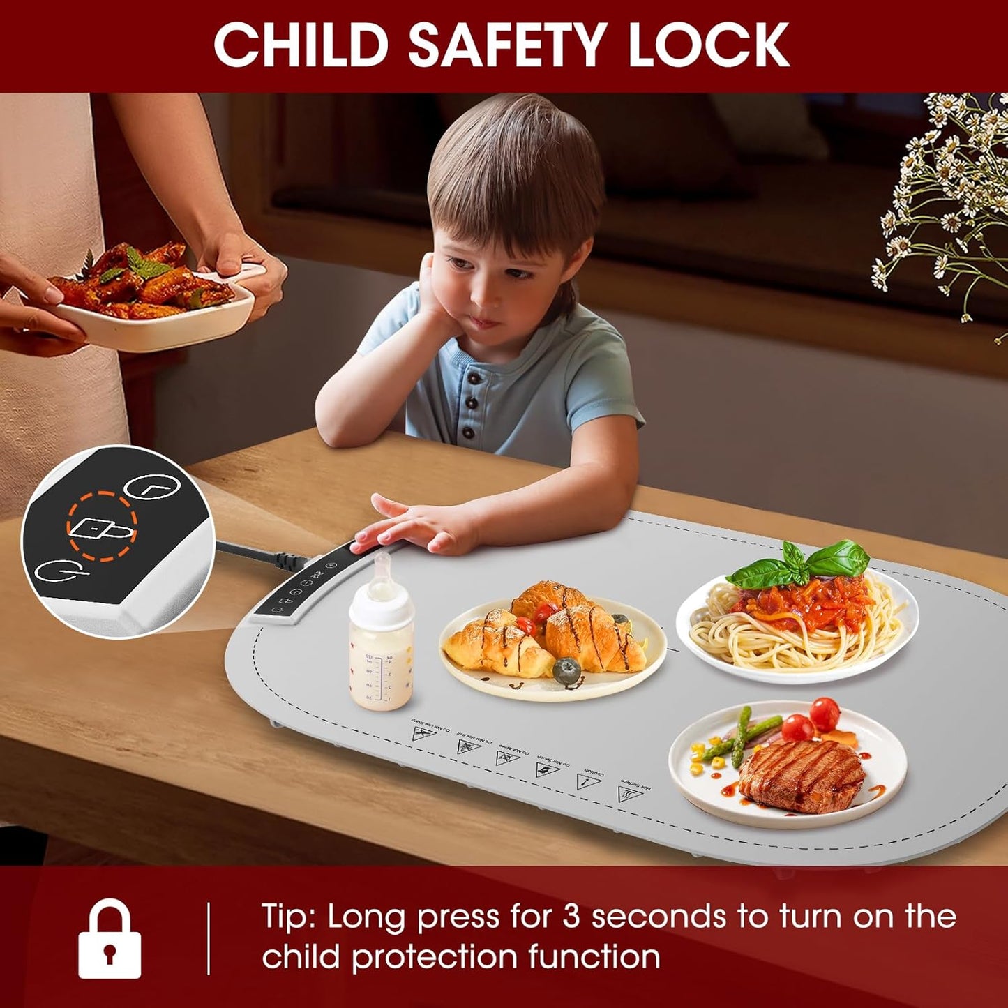 Warming Mat for Food, MQUPIN Food Warming Mat with 7 Temp Settings 1-4 H Timer and Child Safety Lock, Full Surface Heating Roll Up Electric Warming Tray for Gatherings,Parties,Buffet,Daily Use(Gray)