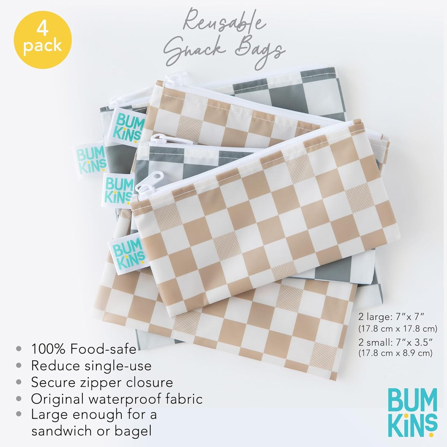 Bumkins - Cloth Snack & Sandwich Bags - For Storage, Travel, Food Prep, Lunch - Reusable, Water Resistant, Washable, Dishwasher Safe - Snack Bags for Kids - Zipper Closure - Check - 4 Pack