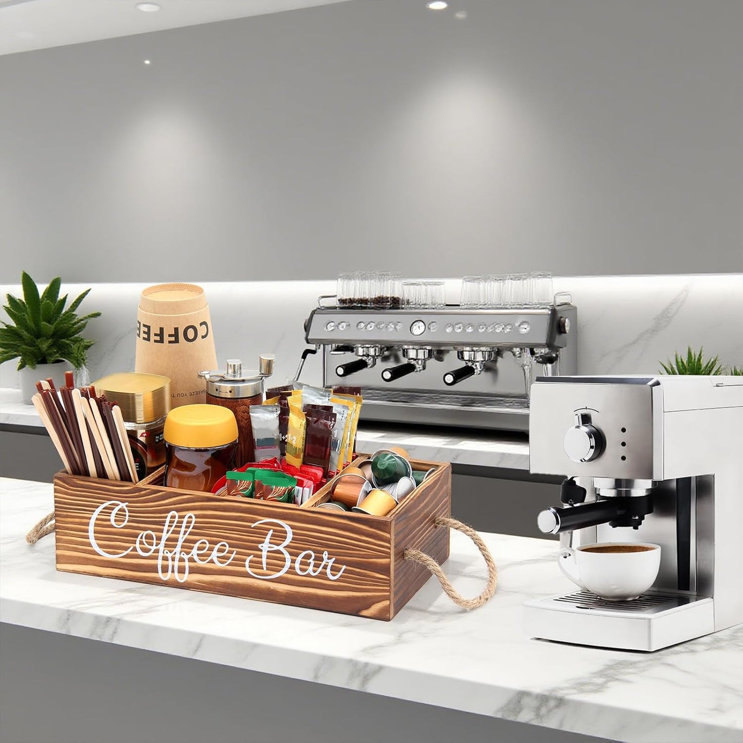 Wooden Coffee Pod Holder Coffee Station Organizer for Countertop Kcup Storage with Removable Dividers Bar Accessories Table Decor Tea Condiment Storage Box