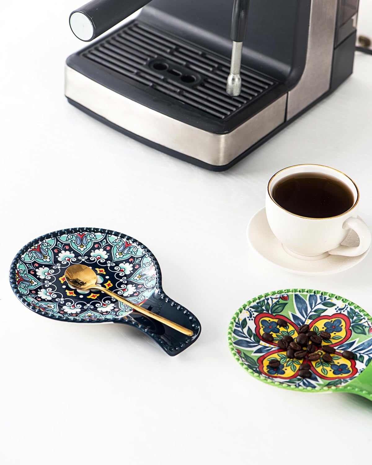 Ceramic Spoon Rest for Stove Top, Large Spoon Holder for Kitchen Counter, Cooking Utensil Rest for Ladle, Spatula, Tongs, Housewarming Gifts Set of 6 - Bohemian Style