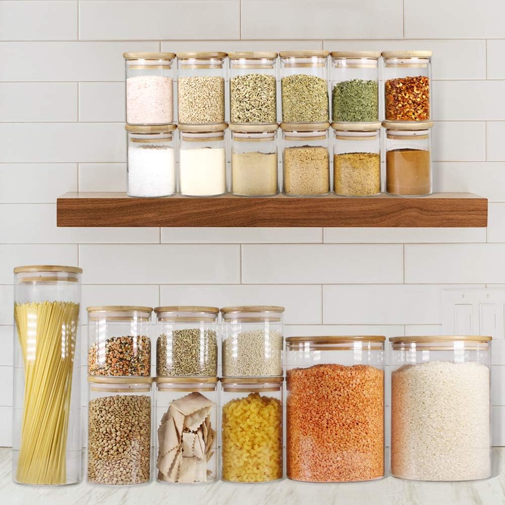 Glass Jars with Bamboo Lids (6oz in 12 Pack), Small Glass Food Jars and Canisters Sets, Glass Spice Jars with Airtight Lids, Glass Pantry Jars, Glass Jars for Spice and Hearbs.