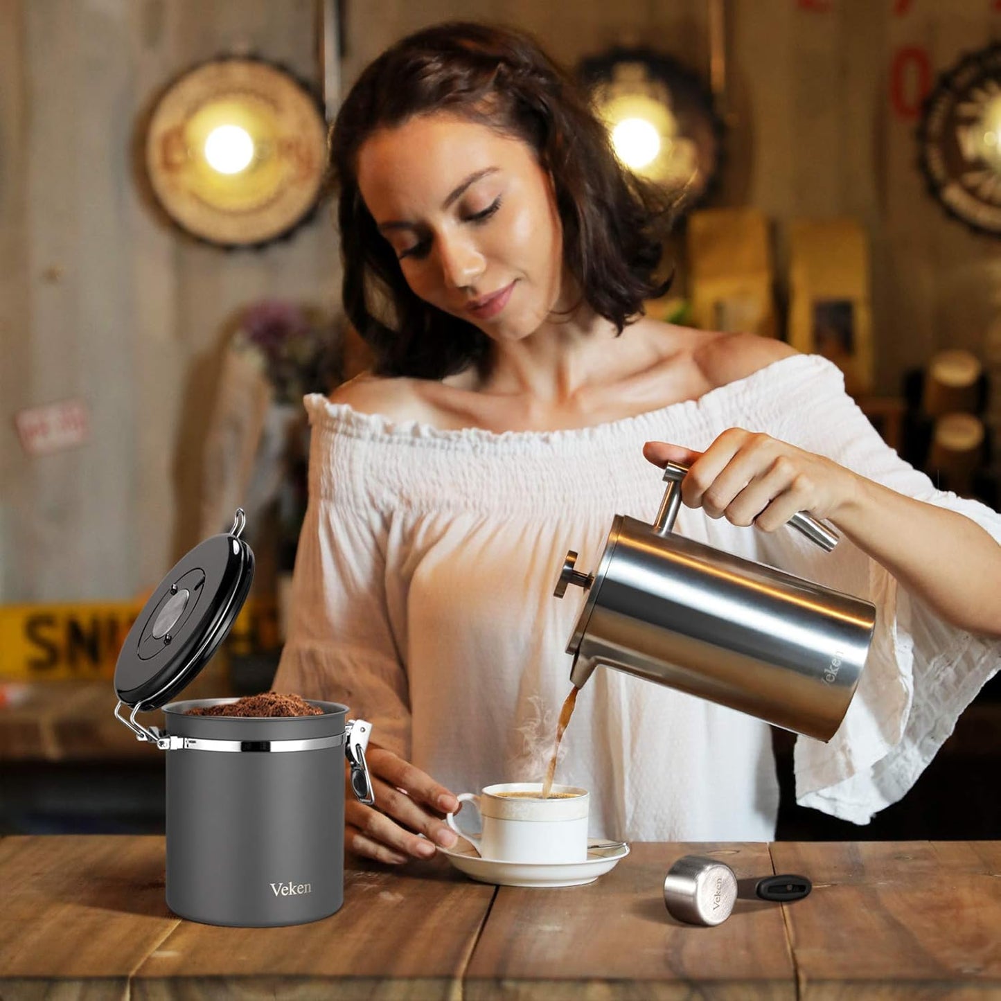Veken Coffee Canister, Airtight Stainless Steel Kitchen Food Storage Container with Date Tracker and Scoop for Beans, Grounds, Tea, Flour, Cereal, Sugar, Cookies Jars, 16OZ Gray