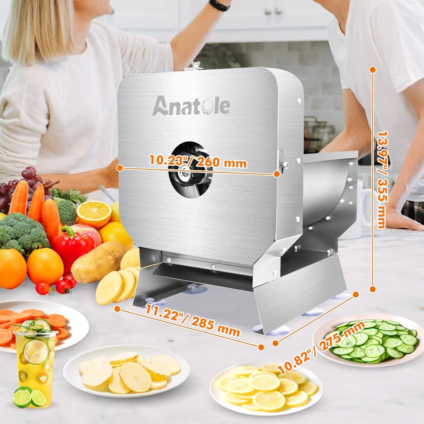 Anatole Electric Vegetable Slicer Commercial Fruit Cutter Stainless Steel 0-0.4'' Thickness Adjustable with Manual Mode for Tomato Onion Potato Cabbage Lime Orange