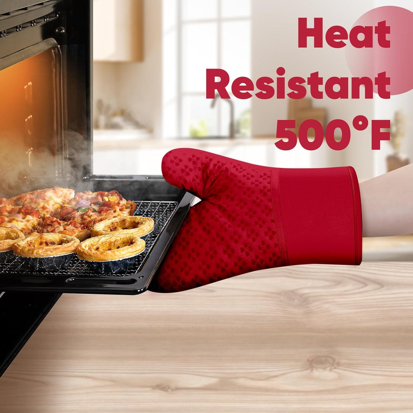 Oven Mitts and Pot Holders 4 Sets, Heat Resistant 500 ℉ Oven Mitt and Pot Holder,Oven Glove&Potholders with Non-Slip Silicone Surface,Kitchen Essentials for Cooking/Baking/BBQ-Red