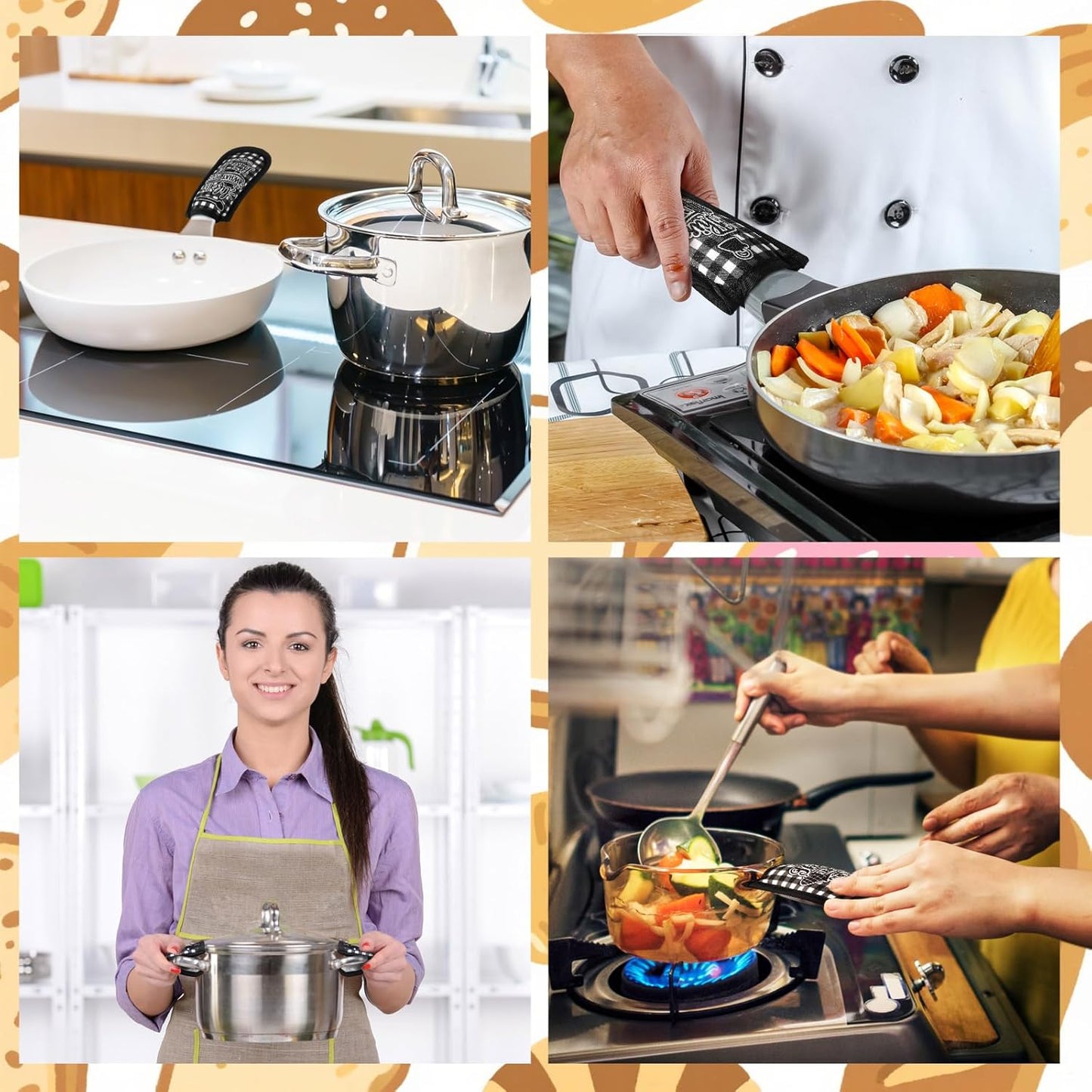 Patelai 8 Pcs Kitchen Them Cast Iron Skillet Handle Covers Heat Resistant Pan Handle Holder Sleeve Black and White Buffalo Plaid Non Slip Skillet Pot Holders Mitt for Kitchen BBQ Baking Cookware Decor