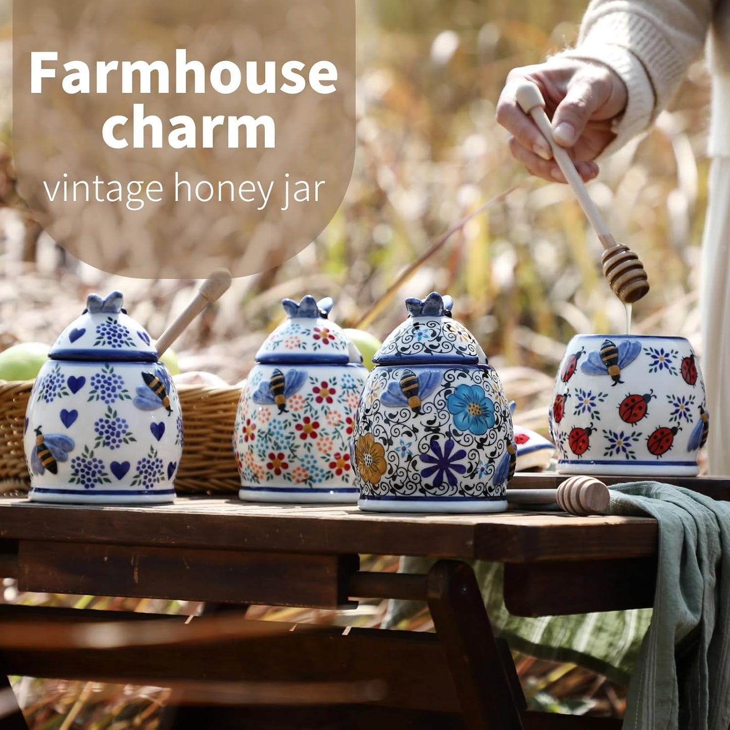 ZOOBEE Ceramic Honey Pots with Dipper and Lid Farmhouse Style,10oz Honey Dispenser No Drip,Handpainted Honey Jars with Bees,Easily Wash-Deep Love