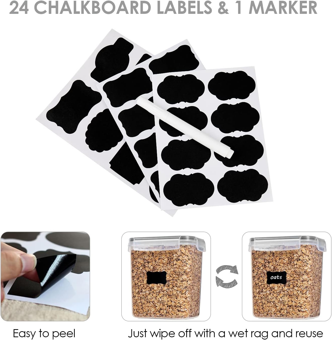 Vtopmart Airtight Food Storage Containers with Lids, 24 pcs Plastic Kitchen and Pantry Organization Canisters for Cereal, Dry Food, Flour and Sugar, BPA Free, Includes 24 Labels,Gray