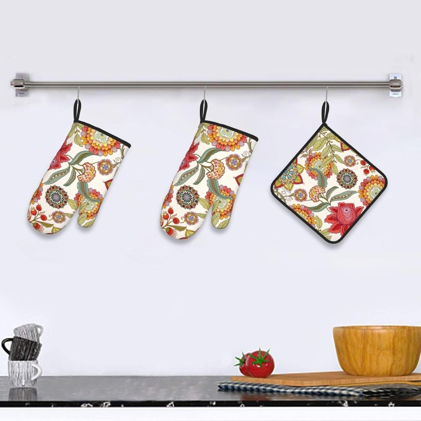 Boho Floral Oven Mitts and Pot Holders Sets of 3 Heat Resistant Hot Pads Colorful Flower Decorative Oven Gloves for Cooking Grilling Baking Kitchen Decor