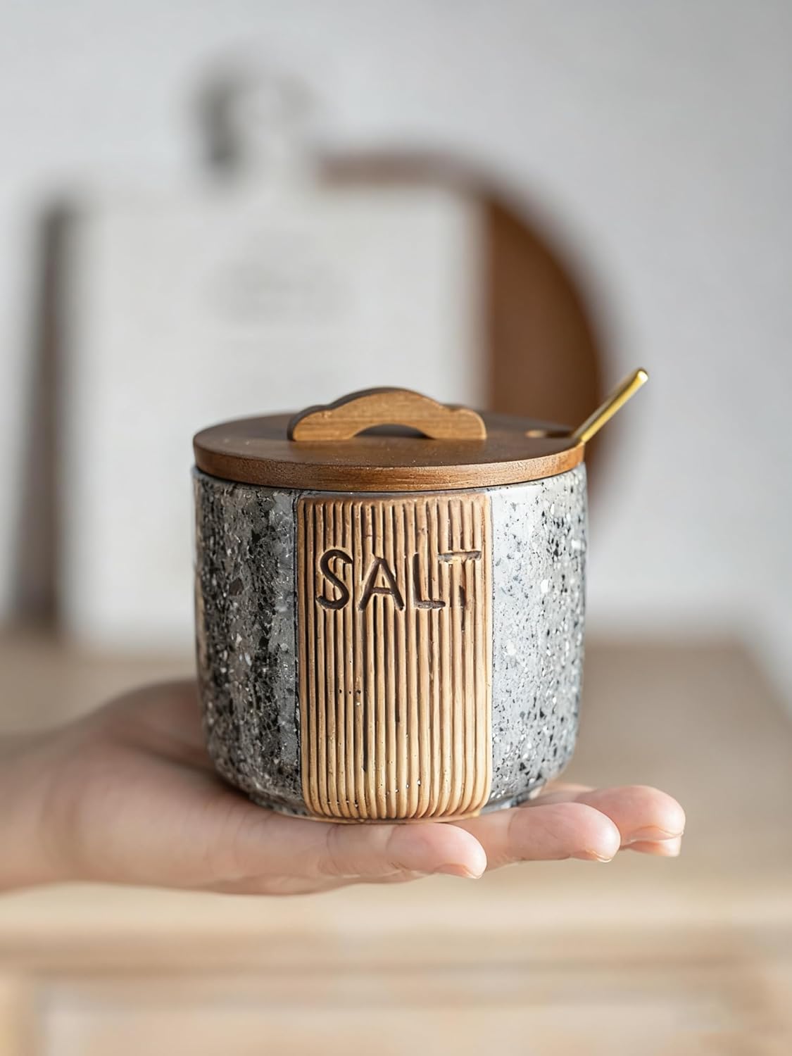 Salt Cellar with Lid & Spoon, Ceramic Salt Container for Countertop, 10 OZ Salt Bowl Holder, Gray