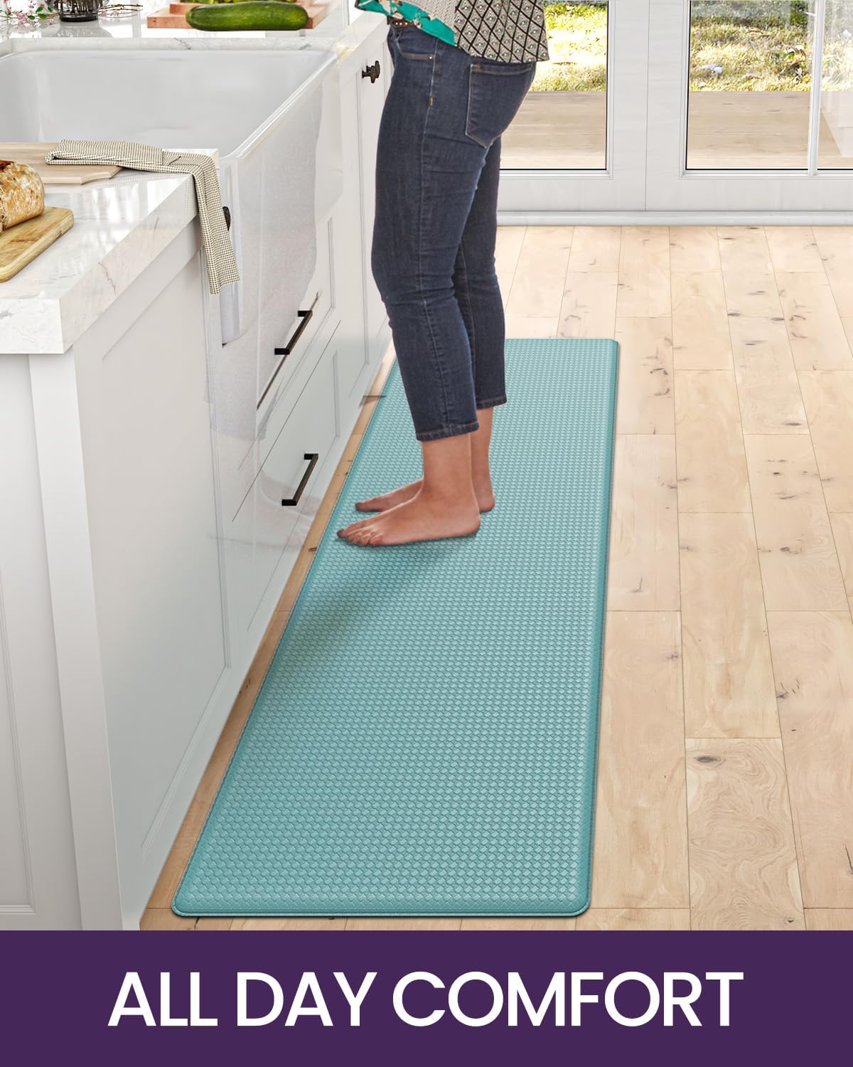 DEXI Kitchen Floor Mats Cushioned Anti Fatigue, 17x95, Long Standing Runner Rug Waterproof, Comfort Memory Foam Padded for Front Sink Laundry, Turquoise