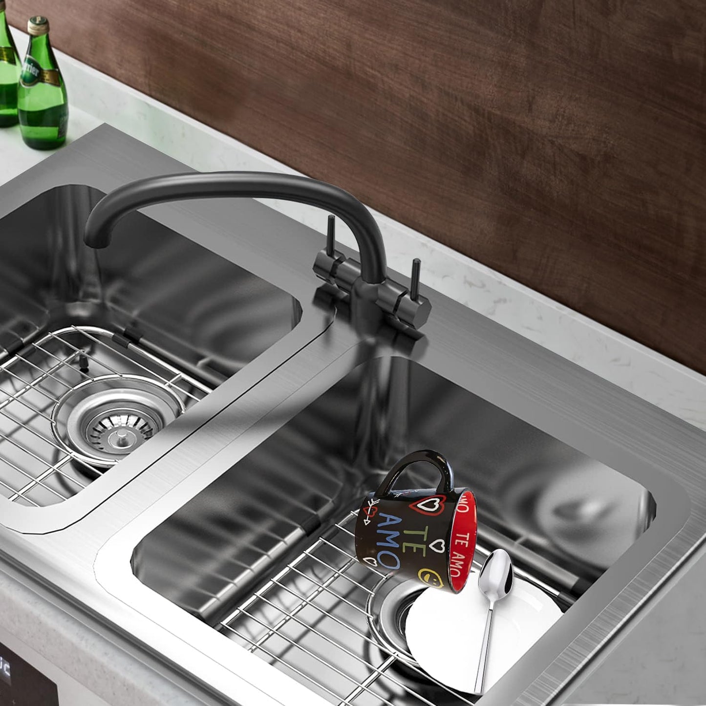 Bottom of Sink Protector Rack, Stainless Steel 13.2"x11.6" Sink Grid Dish Drying Rack Grate with Center Drain Hole 2 Packs