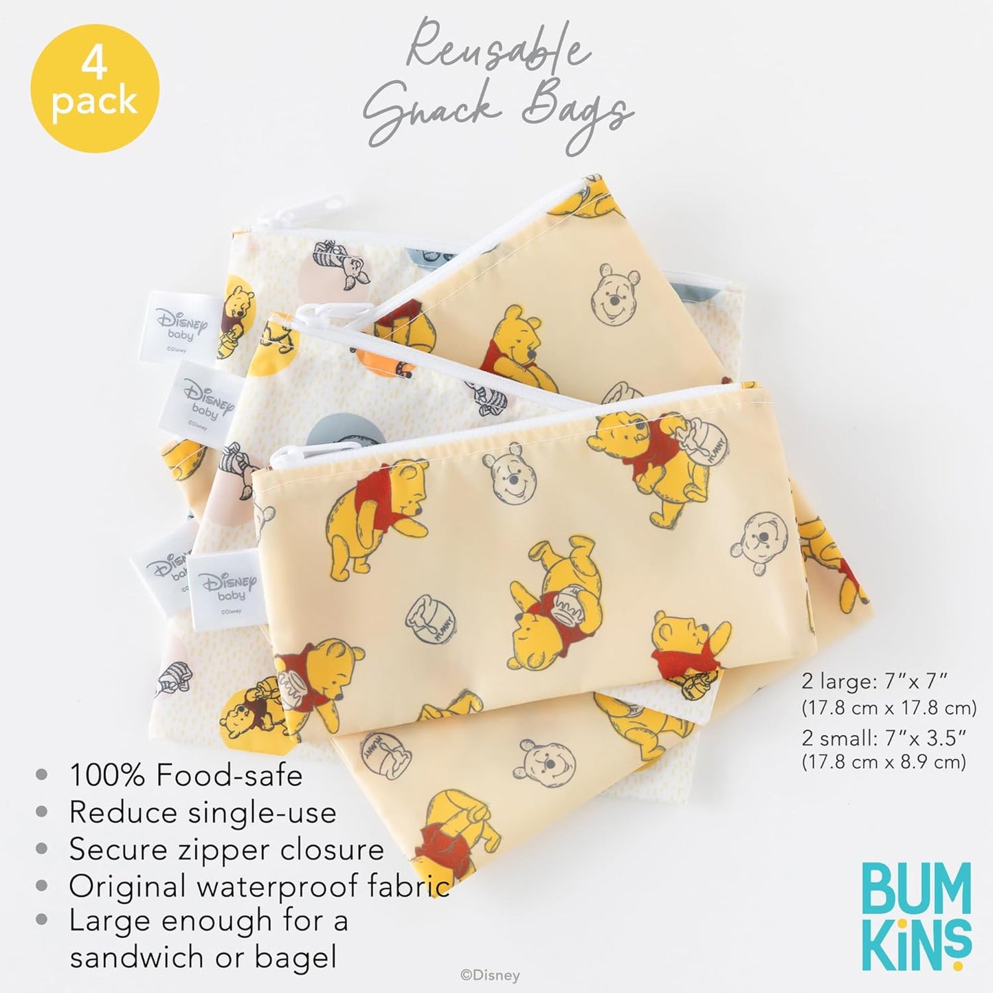 Bumkins - Cloth Snack & Sandwich Bags - For Storage, Travel, Food Prep, Lunch - Reusable, Water Resistant, Washable, Dishwasher Safe - Snack Bags for Kids - Zipper Closure - Winnie the Pooh - 4 Pack