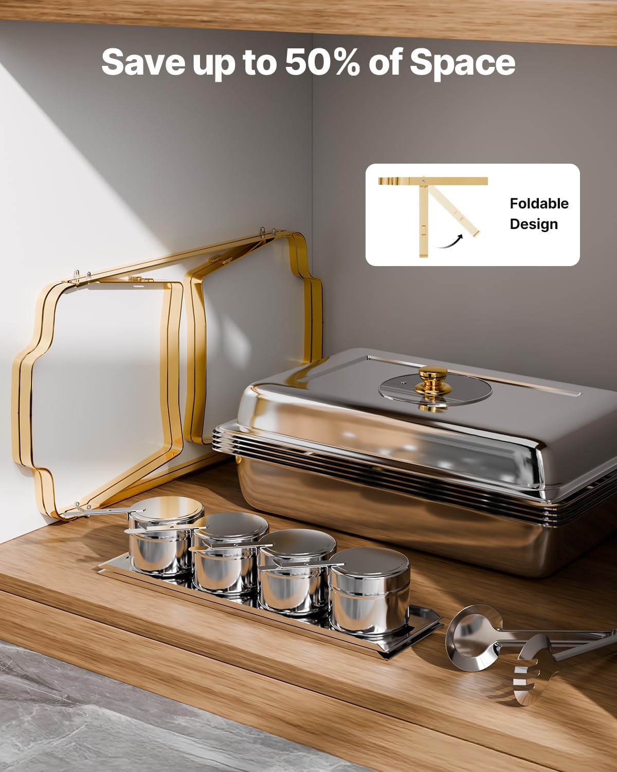 VEVOR Chafing Dish Buffet Set,8 Qt 2 Pack, Stainless Steel Chafer with 4 Half Size Pans, Rectangle Catering Warmer Server with Glass Lid Water Pan Folding Stand Fuel Holder, for Wedding Party Banquet