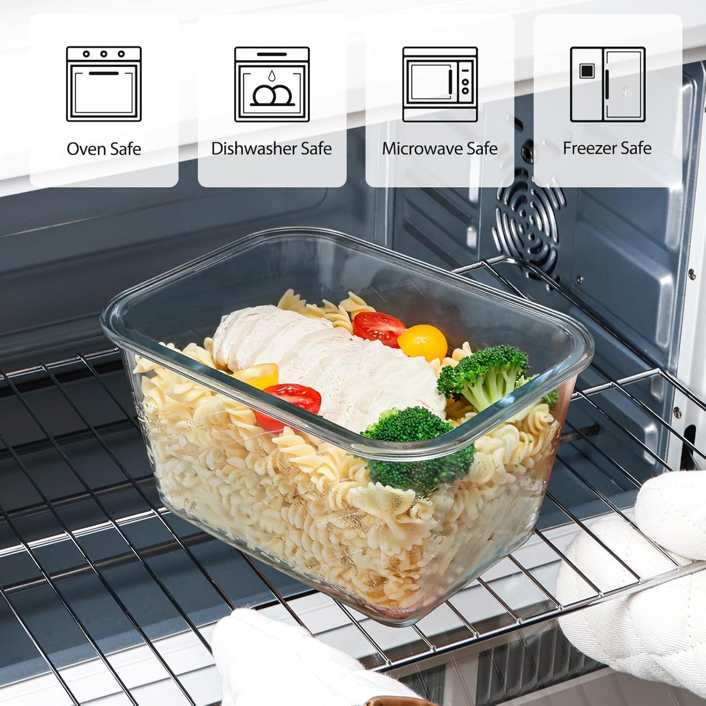 NUTRIUPS 2.6 L Large Glass Food Storage Containers, 9×6×5in Deep Rectangular Meal Prep Containers, Glass Microwave Bowls with Lids