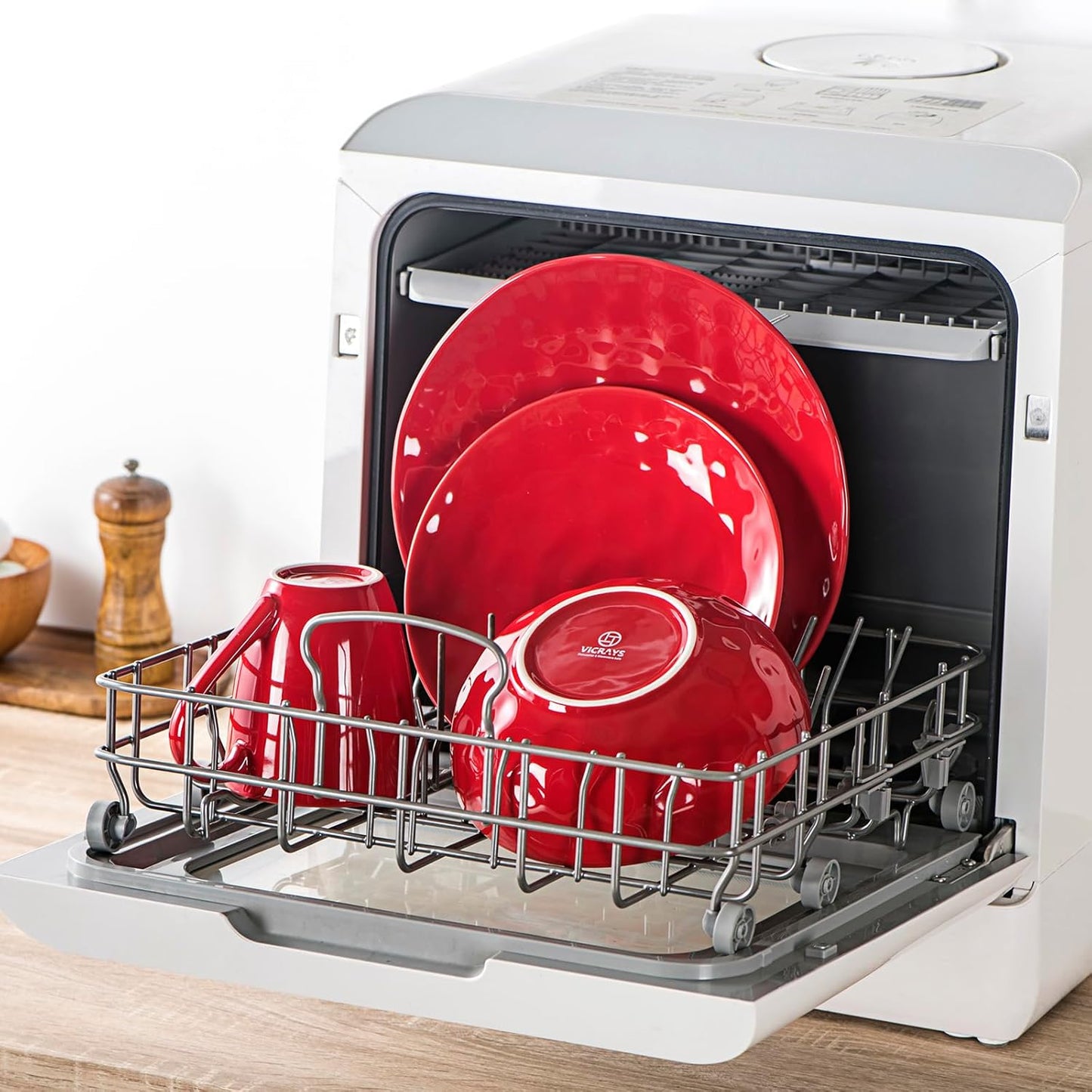 Vicrays Ceramic Pasta & Soup Bowls, Large Salad Bowls - Set of 6 Red, Fluted Stoneware, Dishwasher & Microwave Safe