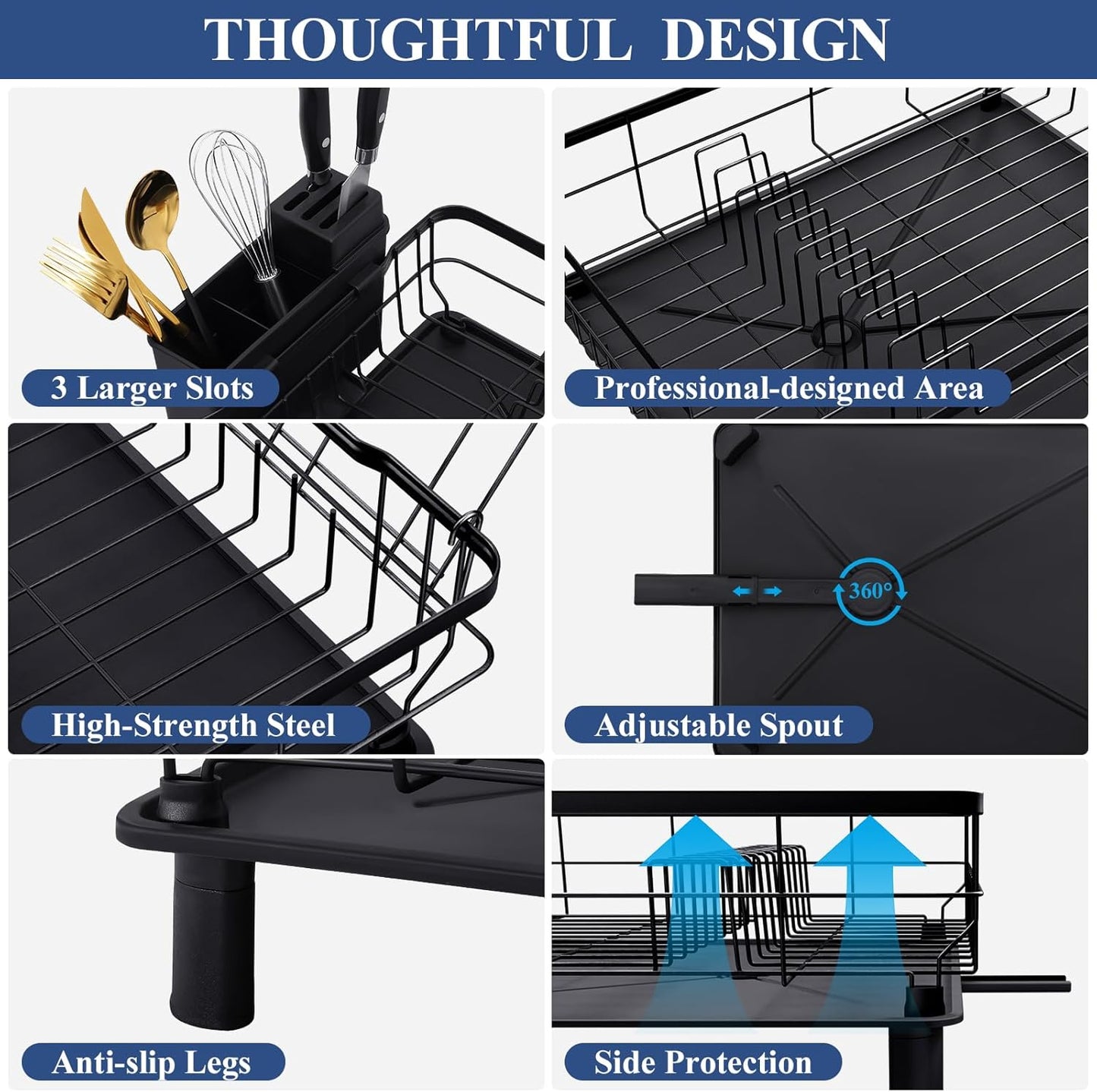Homaxy Dish Drying Rack for Kitchen Counter (16.93''L x 12.99''W), Space-Saving Dish Drainer Rack Set with Drainboard, Large Dish Rack with Utensil Holder, Cup Rack and Knife Slots, Black