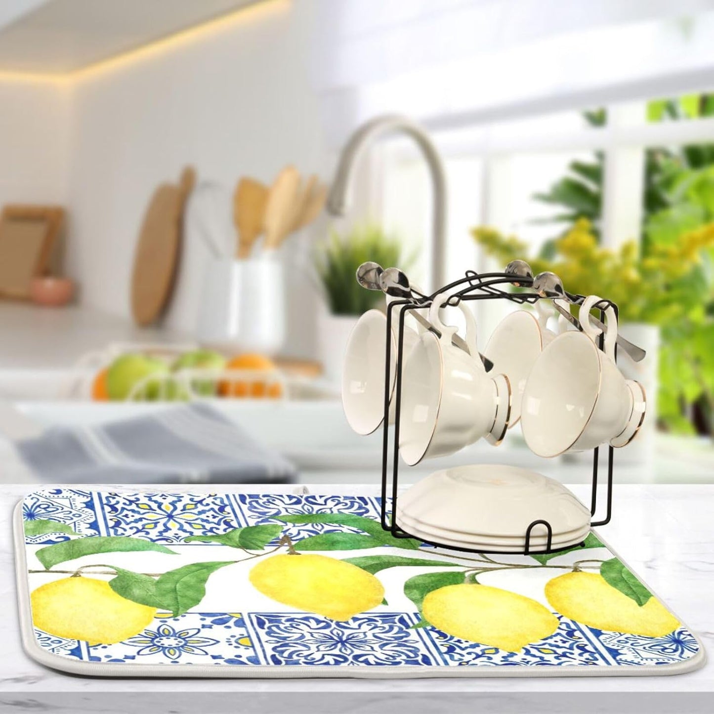 Lemon Blue Tiles Dish Drying Mat for Kitchen Counter Absorbent Microfiber Drying Pad, Medium 16x18 in, Reversible Drainer Mats