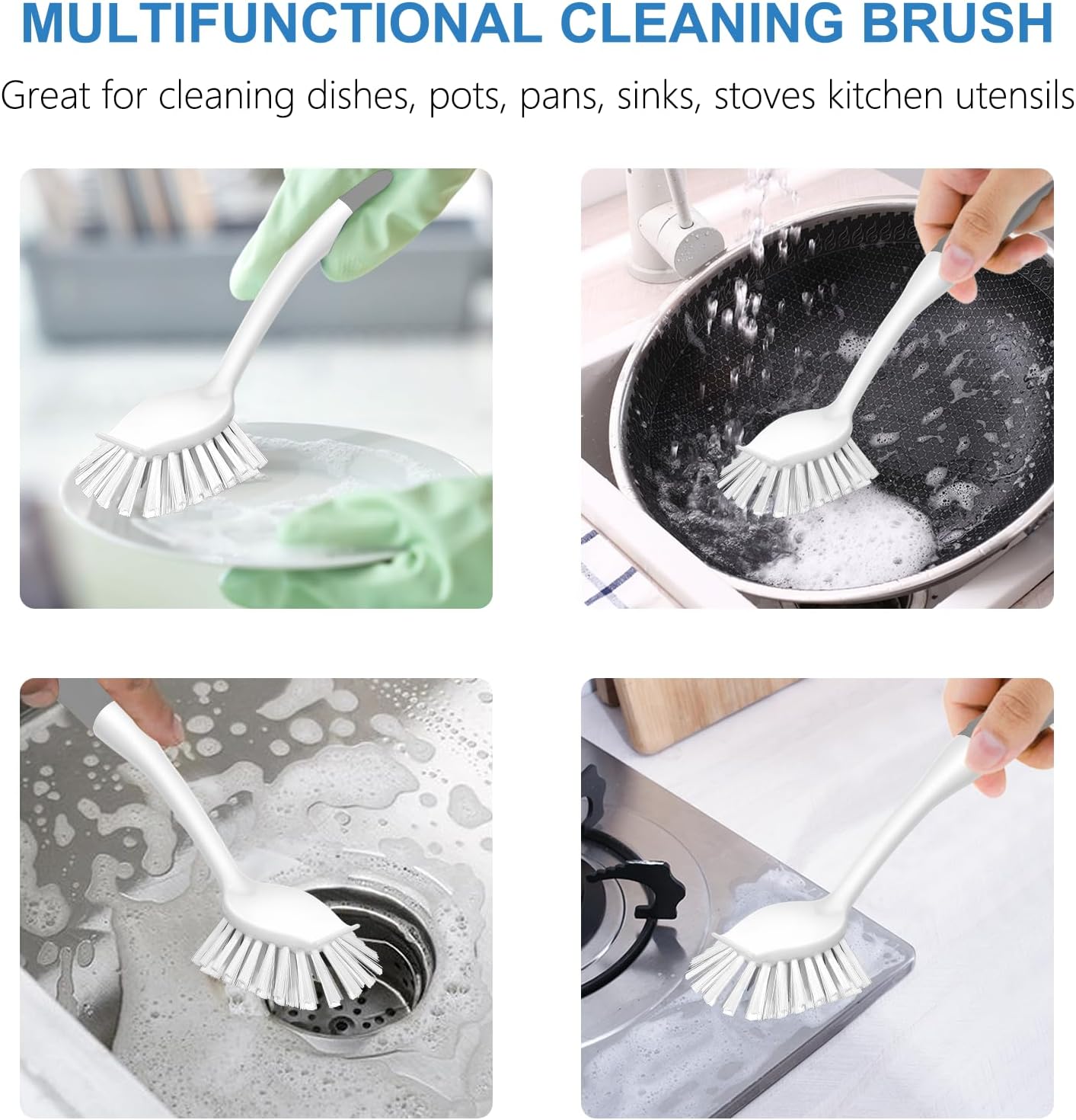 SetSail Dish Brush with Handle, 2 Pack Stiff Bristles Dish Scrubber with Built-in Scraper Dish Scrub Brushes for Cleaning Dishes, Pots and Pans, Kitchen Sink, 3 Pack, Grey White