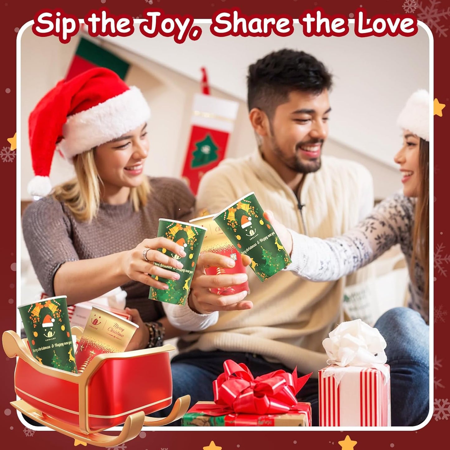 Christmas Cups, 50 Pack Party Decor, To Go Paper Hot Cups for Chocolate, Cocoa, Coffee (Green, 16 oz)