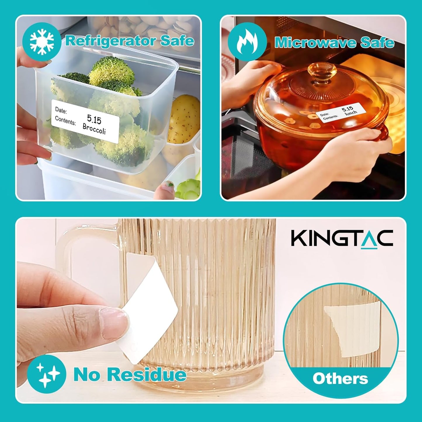 Kingtac 500pcs Food Freezer Labels, 1 x 3 Inch Removable for Food Containers, Mason Jar, No Residue Food Storage Labels Perfect for Kitchen Cannot be Torn