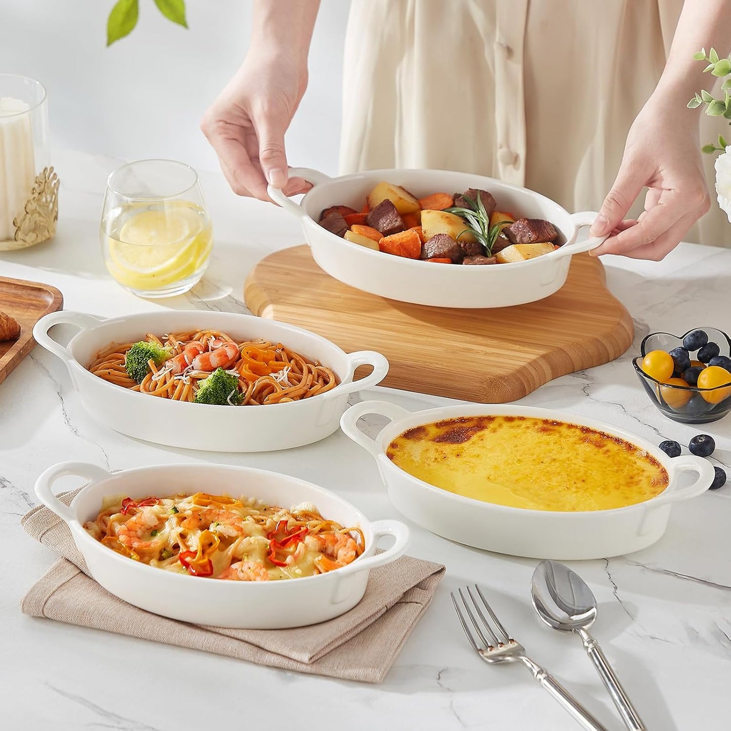 MALACASA Small Casserole Baking Dishes for Oven, Ceramic Oval Baking Dish Sets of 4, 8" x 5" Inch Au Gratin Baking Pans with Handles for Roasting, Lasagna, Pie, Baking Meat & Vegetables, White