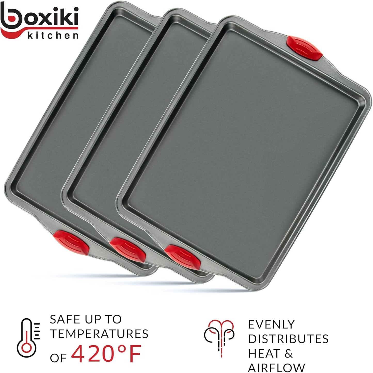 Premium Nonstick Baking Sheet Pans – Set of 3, Heavy-Gauge Carbon Steel, Warp, Dent, and Rust-Resistant – Gourmet Rimmed Half Cookie Sheet Trays, Non-Toxic for Exceptional Baking Performance