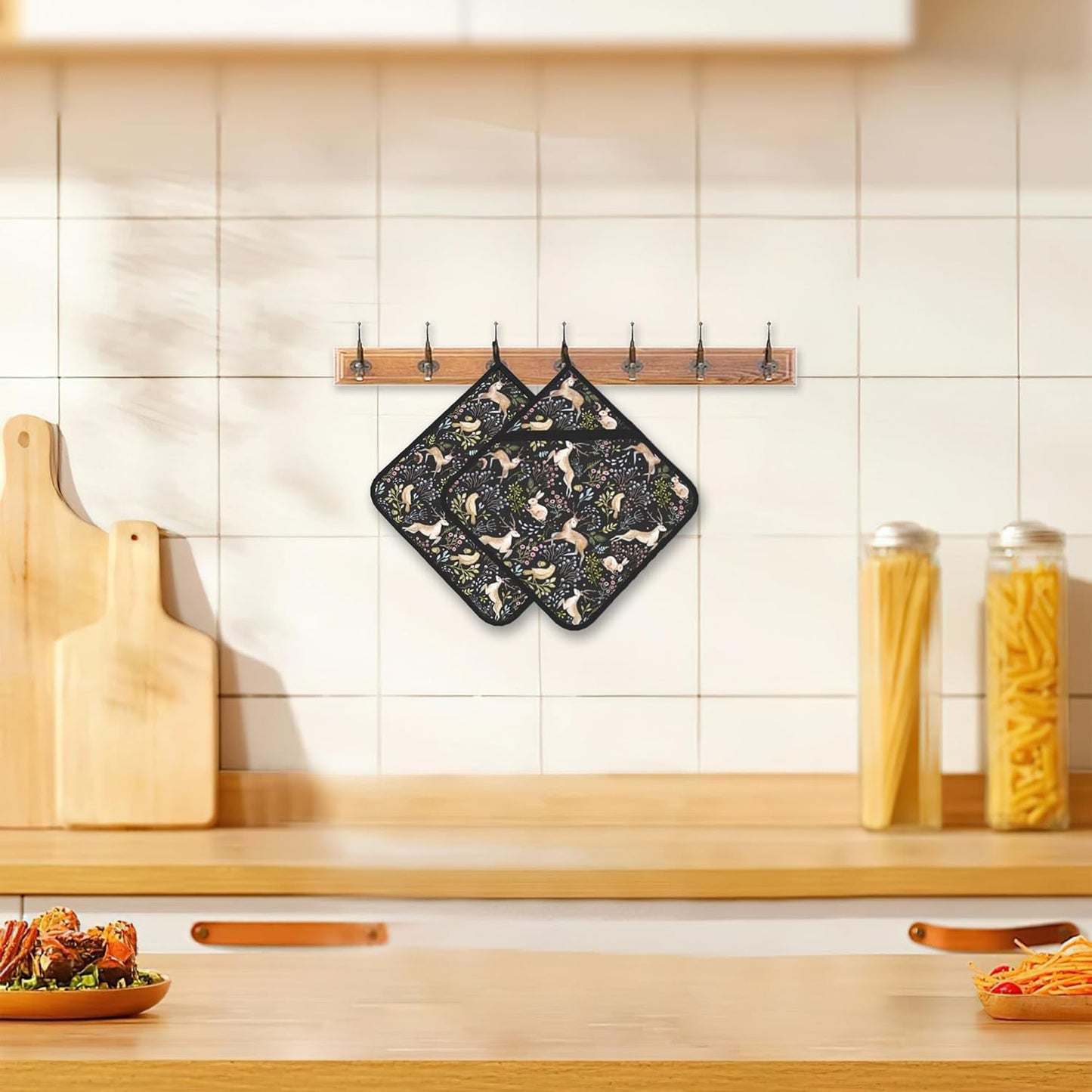 2PCS Forest Deer Pot Holder with Loop,Heat Resistant Oven Pads,Hot Pat for Kitchen Cooking Baking Food