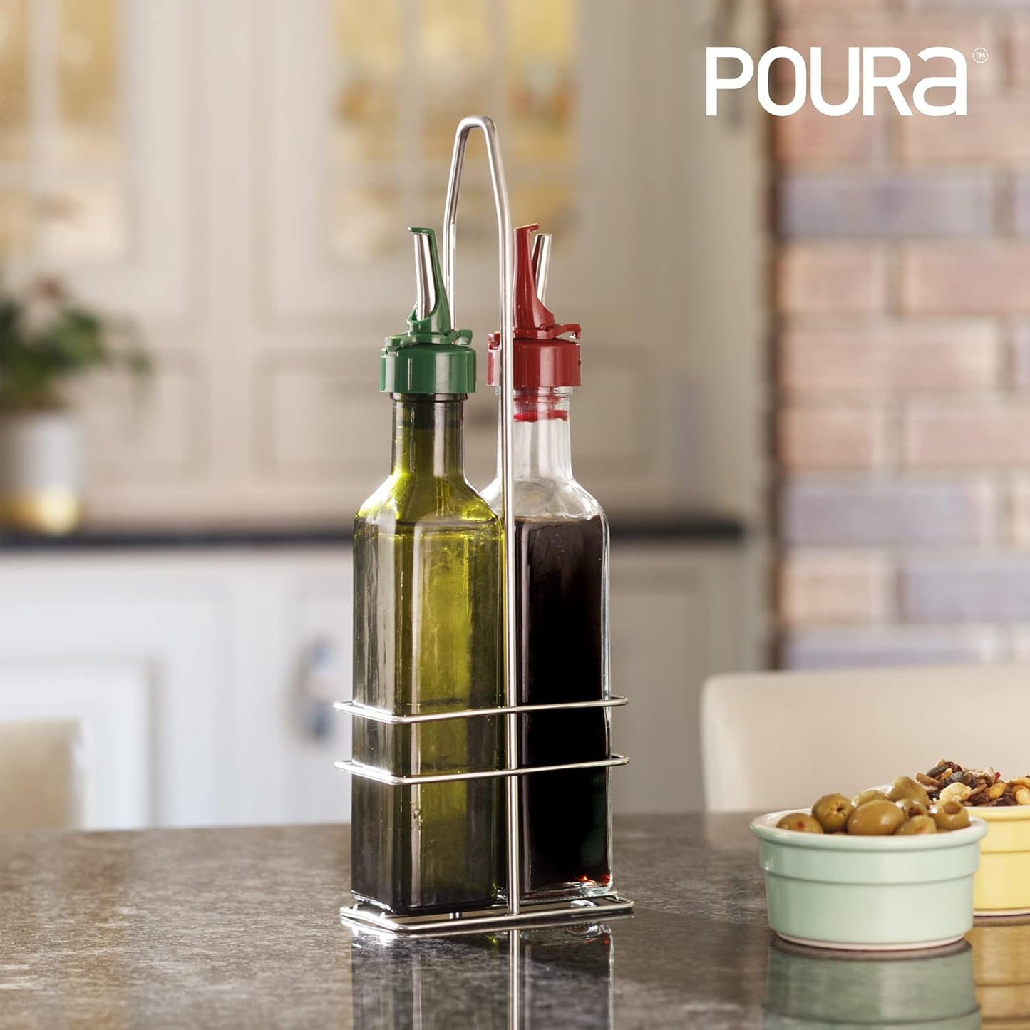 Poura Vinegar and Olive Oil Bottle Drizzler Set with Unique ClickSeal Pour Spouts | Glass Oil & Vinegar Dispenser Bottles for Cooking Kitchen Dining | Hygienic Covers + Silicone Decanter Funnel 500ml