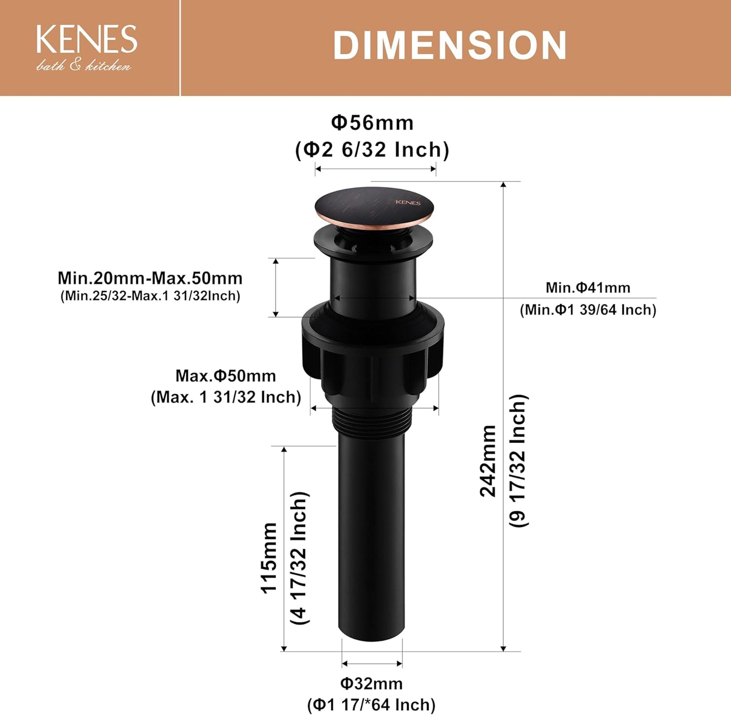 KENES Oil Rubbed Bronze Bathroom Vessel Pop Up Sink Drain, Vanity Faucet Sink Drain Stopper, Sink Drain Assembly Without Overflow Anti Clog Pop Up Drain
