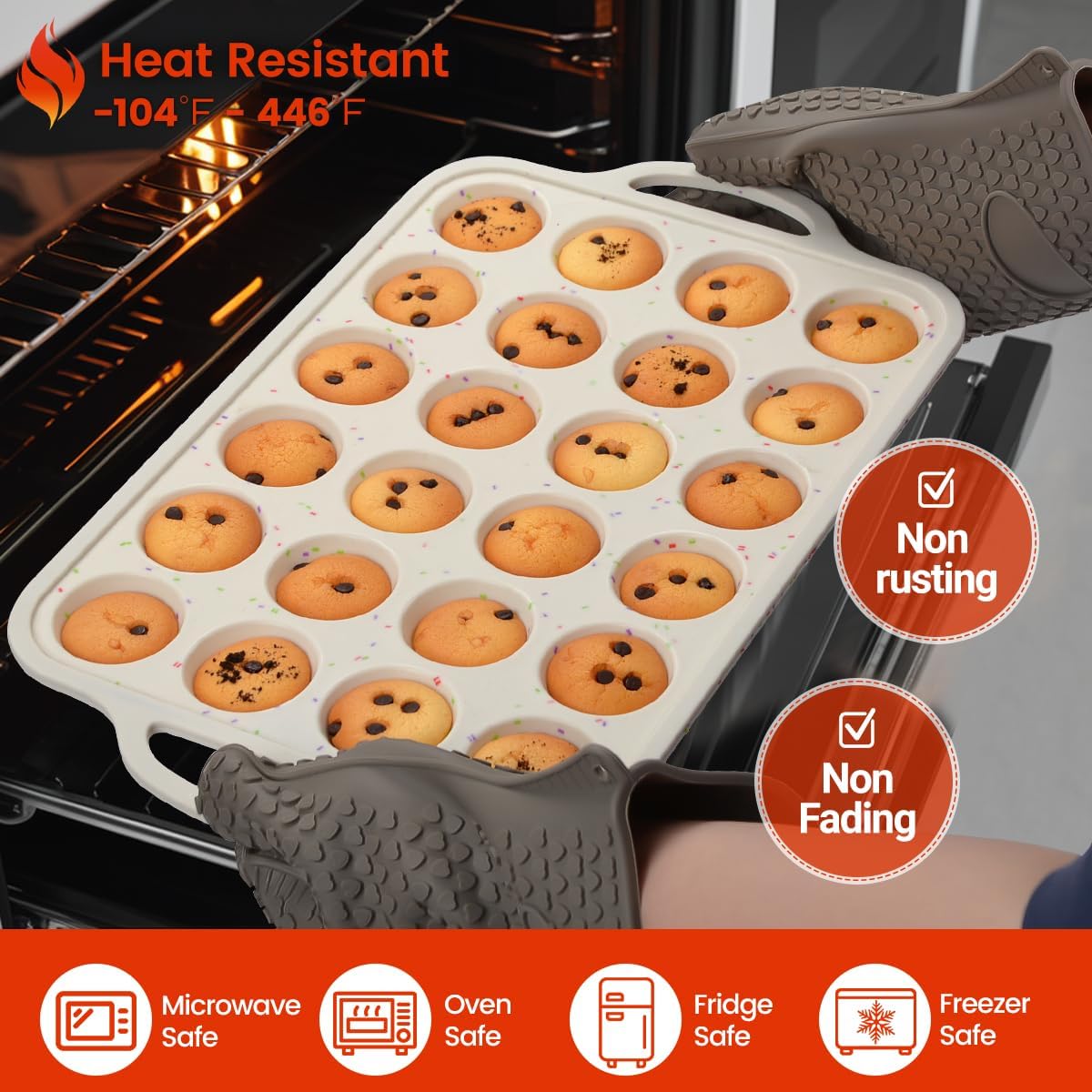Mini Cupcake Pans, Metal Reinforced Frame Silicone Mini Muffin Pan Nonstick 24 Cups Easy to Handle for Baking Muffins, Cupcakes, Egg Bites 1 Pack