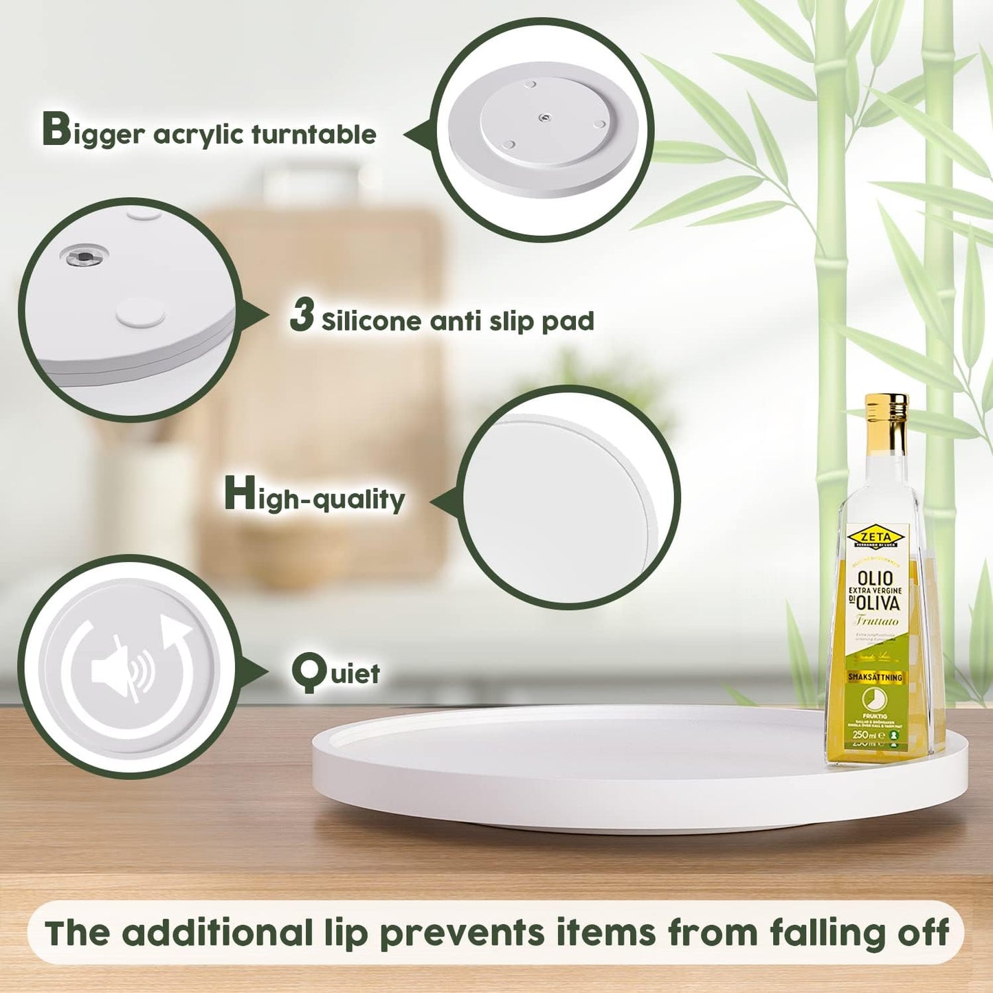 White Lazy Susan, 13.2 Inch Non-Skid Bamboo Turntable for Kitchen Table Cabinets and Closets, Wood Organizer for Kitchen Countertop