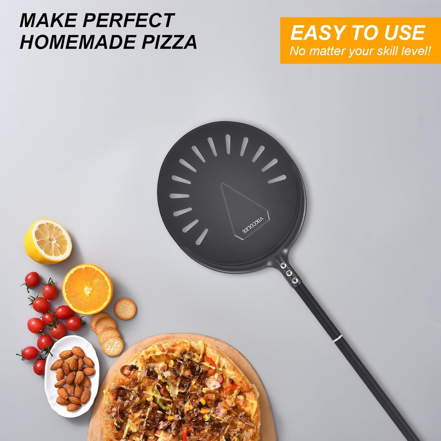 Turning Pizza Peel, 9 Inch with 38 Inch Handle Round Pizza Turning Peel, Professional Anodized Aluminum Turning Pizza Spatula, 47 Inch overall