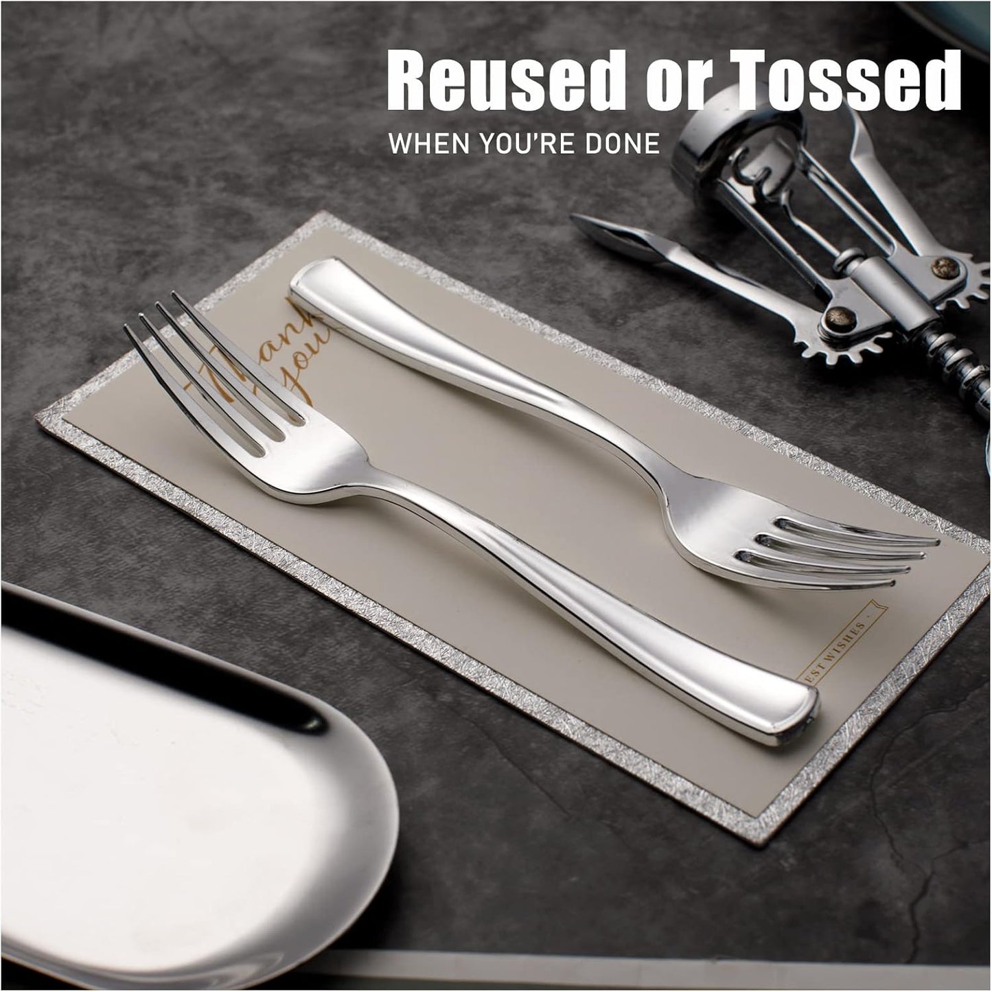 WDF 100 Piece Silver Plastic Forks - 7.4inch Silver Forks Disposable - Plastic Silverware for Dessert Cake - Heavy Duty Plastic Cutlery for Party or Daily Using