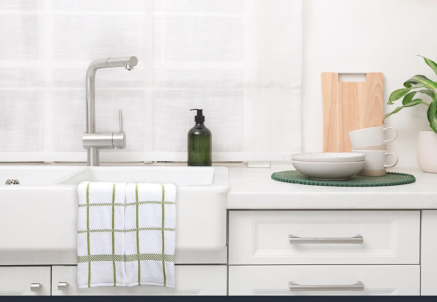 100% Cotton Terry Dish Towels, 4 Pack Checks, 16 x26 Inches, Super Soft and Absorbent Kitchen Towels, Perfect for Kitchen Cleaning and Dish Washing | Green